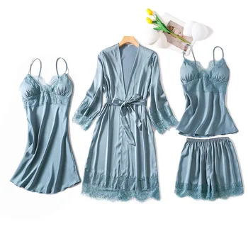 Šilkiniai Satino Chalatas Kimono Suknelė Moterų Sleepwear Nėrinių 4PCS Pižama Kostiumas Pižamą Seksuali Miego Nustatyti, naktiniai drabužiai Namų Drabužiai