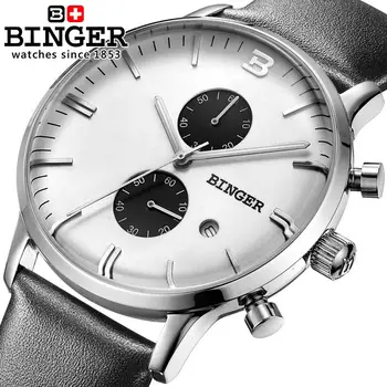 Šveicarijos vyrų žiūrėti prabangos prekės ženklo Laikrodžius BINGER Kvarcinis laikrodis glowwatch odinis dirželis Chronograph Naras B1122-4