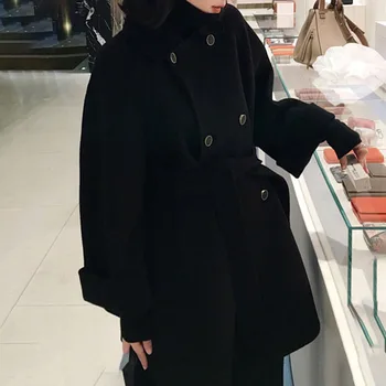 Žiemos 2020 Moterų Vilnos Kailis Derliaus Paltas Kieto Juoda Dvieiliai Hepburn Atsitiktinis Mados Nėriniai Vilnos Mišiniai Outwear