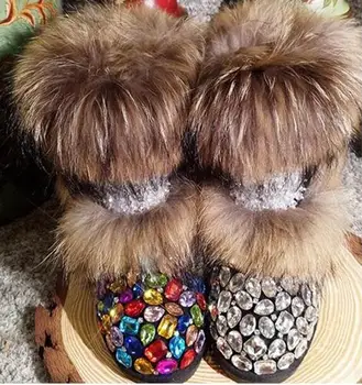 Žiemos Moteris Šiltas Nekilnojamojo Fox Fur Multi kalnų krištolas Sniego Batai Moteriška Slip-on Vidurio Blauzdos Batai Mergaitėms Pliušinis Viduje Bling Kristalų Batai