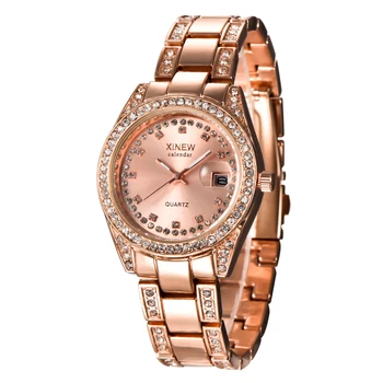 Žiūrėti Moterys XINEW prekės prabangių Mados Atsitiktinis kvarco Plieno žiūrėti Lady Relogio feminino Marca laikrodžius Mergina Data Dress laikrodis